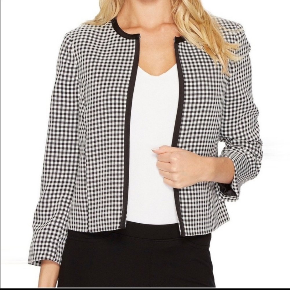 Tahari Black And White Gingham Open Front Jacket - Picture 1 of 7